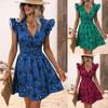 Summer Women Dress Flower Print Sexy V-neck Ruffle Sleeveless A-Line Ladies Dresses Elegant Beach Vacation Dresses Female