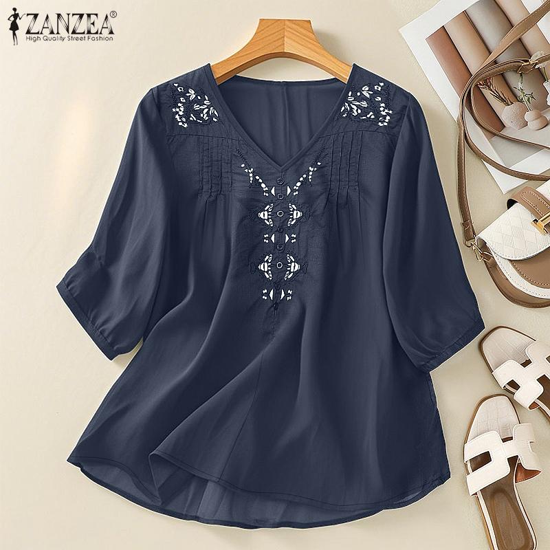 ZANZEA Women Casual V-Neck Half Sleeve Loose Embroidery Blouse