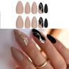 False Nails Almond Press On Nails French Tip False Full Cover Nail Tips Nails with Gold Glitter Stripe Designs for Women