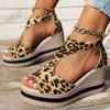 Fashion Women Sexy Hollow Leopard Wedge Peep Toe Sandals Roman Womens Cover Heel Thick Platform Sandalias 2024 Summer New Chunky Zapatos