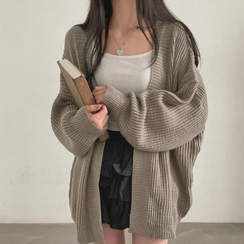 Women's Cozy Solid Color Mid-Length Knit Cardigan Sweater for Autumn and Winter