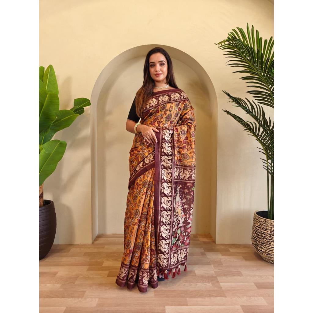 Soft Cotton  Chanderi Sarees with Kalamkari Digital Print Pattern Tassels Over the Saree.