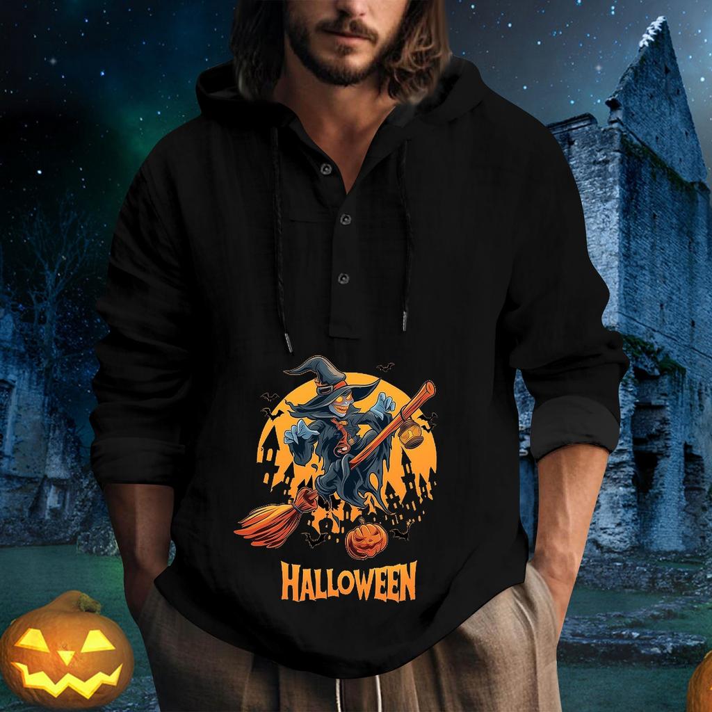 Halloween Printed Hooded Men's Oversized Drawstring Button Hoodie