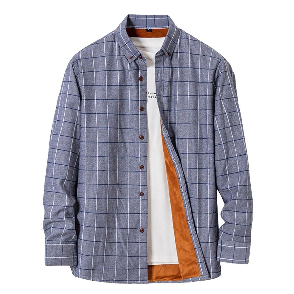 Fleece Lined Lapel Shirts For Men Winter Warm Loose Button Down Stylish Long Sleeve Cotton Plaid Shirt Jackets