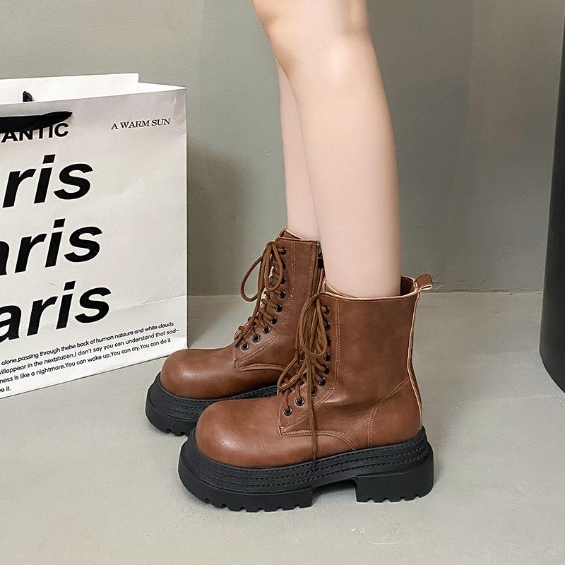 Vintage Platform Thick Bottom Women Motorcycle Boots Fashion Autumn Winter Female Height Increase Short Booties