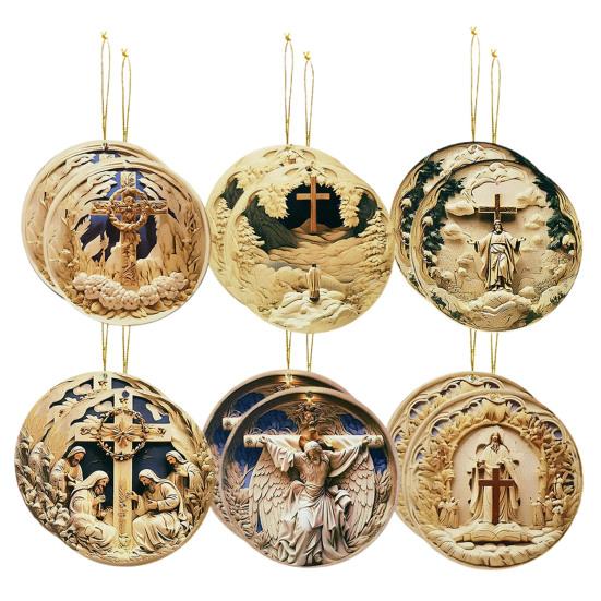12 Pcs Nativity Scene Ornament Round Wooden Birth of Jesus Christian Keepsake Religious Hanging Pendant for Christmas Home Car Decor