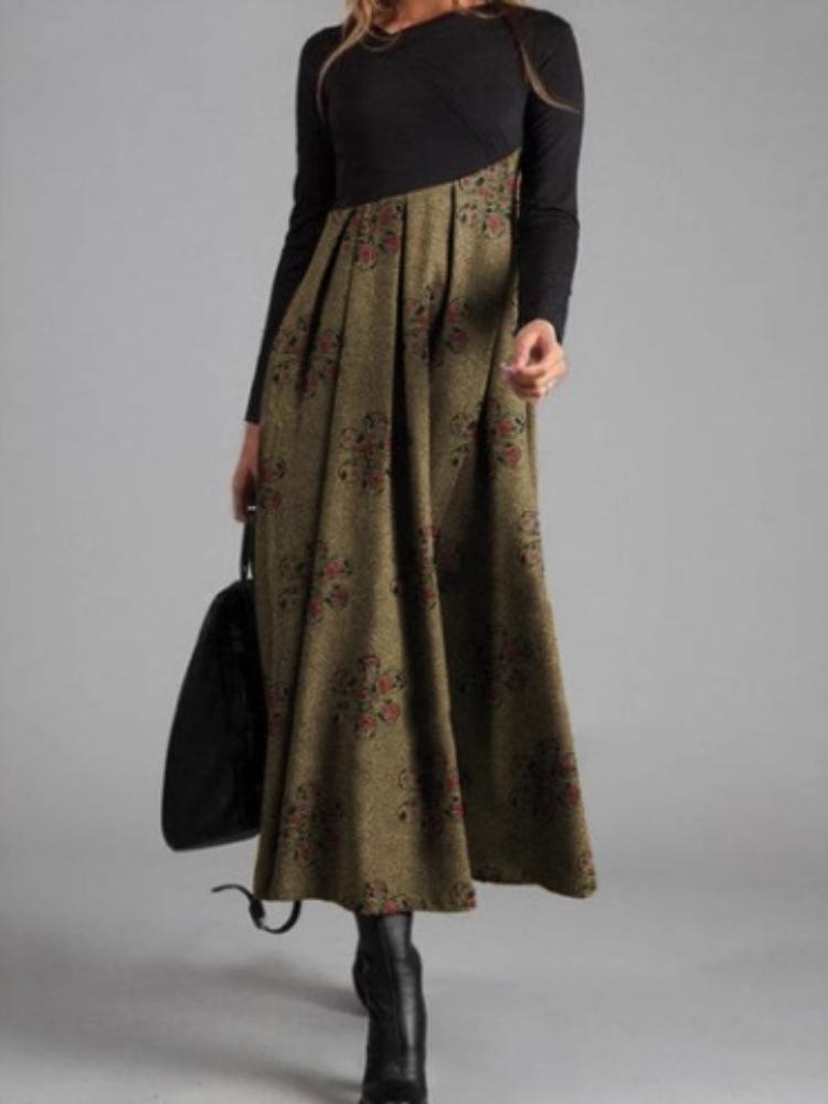 Women's Long Sleeve Black Top with Printed Maxi Skirt Dress, Bohemian Floral Geometric Pattern, Multiple Color Options