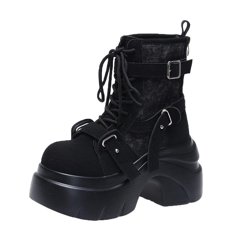 Fashion 9CM Autumn Winter Women's Gladiator Boots Chunky Heels Leather Punk Shoes Buckle Motorcycle Boots Goth Chelsea Mujer Zapatos