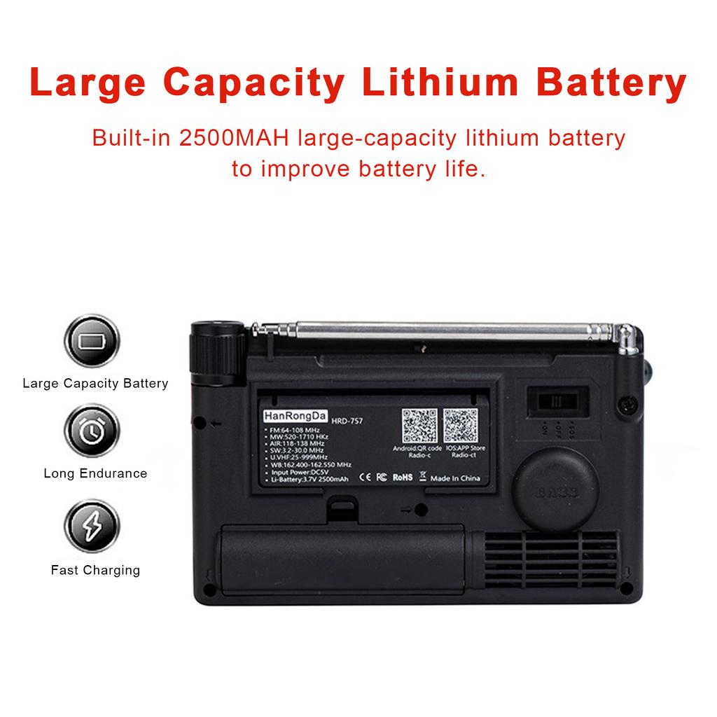 HanRongDa HRD-757 Multi-band Radio FM AM MW SW V.UHF AIR WB Portable Radio APP Control BT TF Music