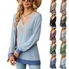 2024 European And American Autumn And Winter Lace V-Neck Contrasting Color Slit Loose Long Sleeved T-Shirt Top For Women