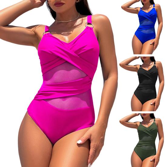 Women Monokini Deep V-Neck Sleeveless Slim Fit One-piece Bikini Solid Color Mesh Splicing
