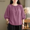 Women Casual 3/4 Sleeve Solid Color Loose Round Neck Blouse