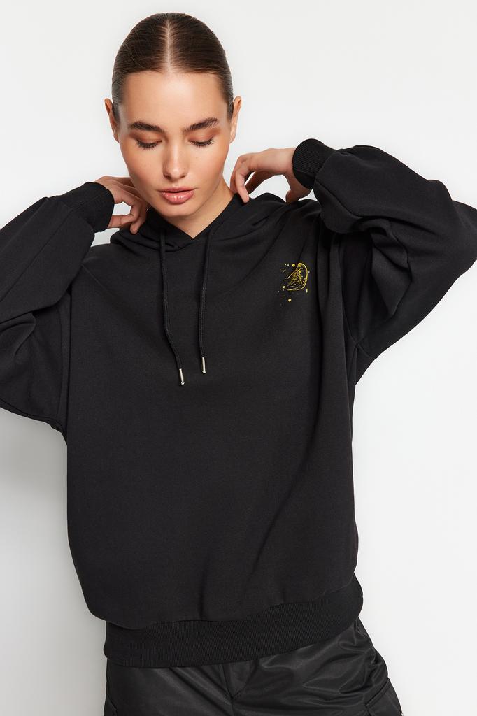 Women's Fashion Sweatshirt Hooded Long Emerald Green Regular Fit Embroidered Hooded Knitted Sweatshirt with Fleece Inside