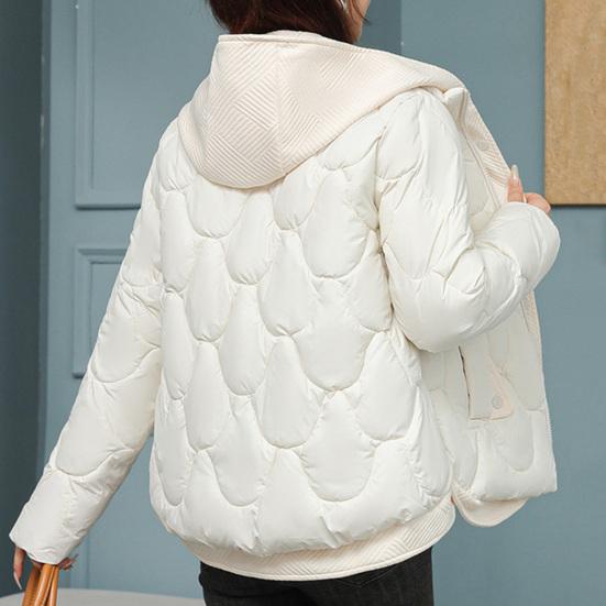 Women Winter Coat Fake Two-piece Zipper Button Closure Padded Hooded Turn-down Collar