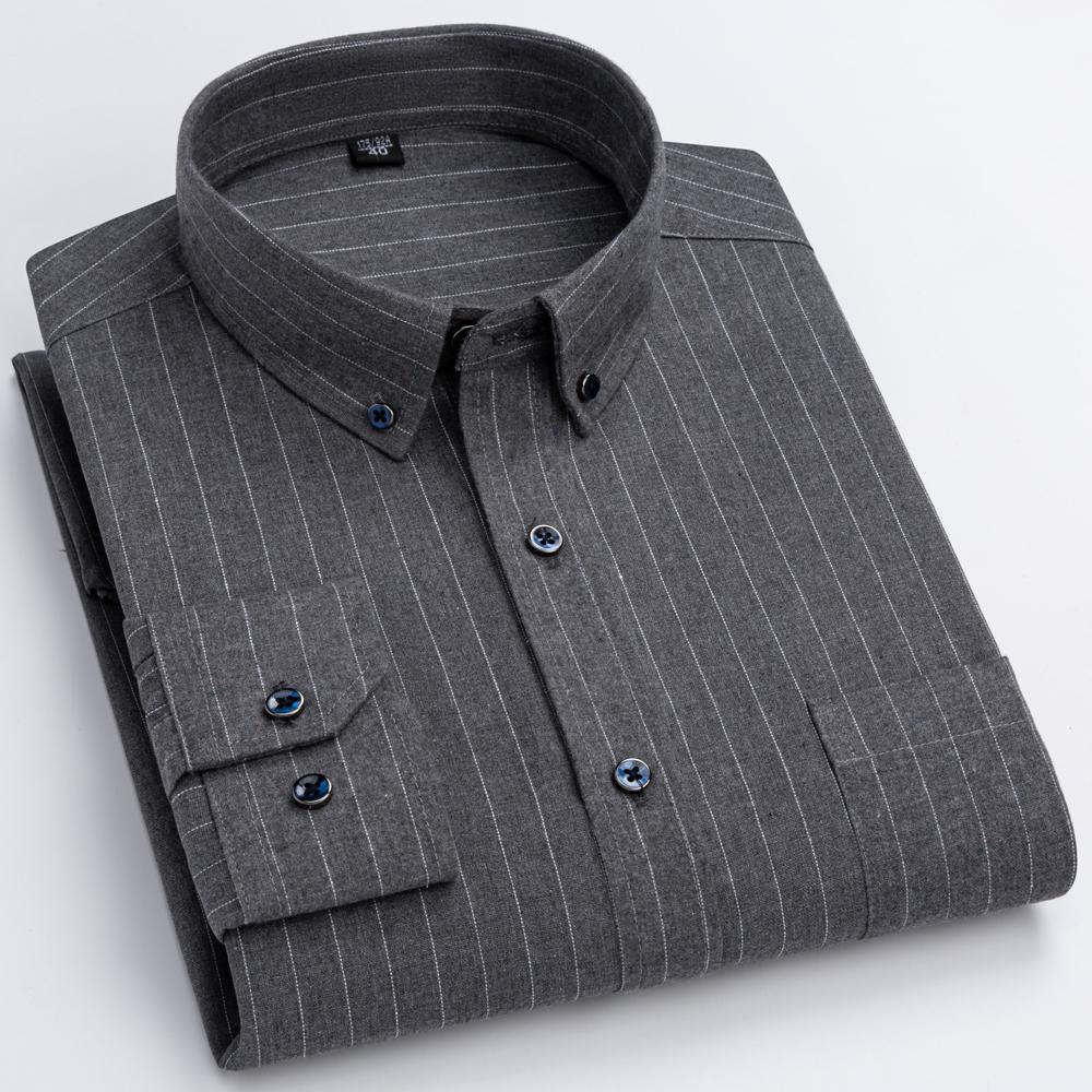 Men's Fashion Brushed Flannel Plaid Striped Shirts Single Patch Pocket Comfortable 100% Cotton Long Sleeve Standard-fit Shirt