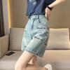 Embroidered Denim Shorts Women's Summer High Waisted A-line Slimming Retro Mid Length Straight Leg Loose Five Quarter Pants
