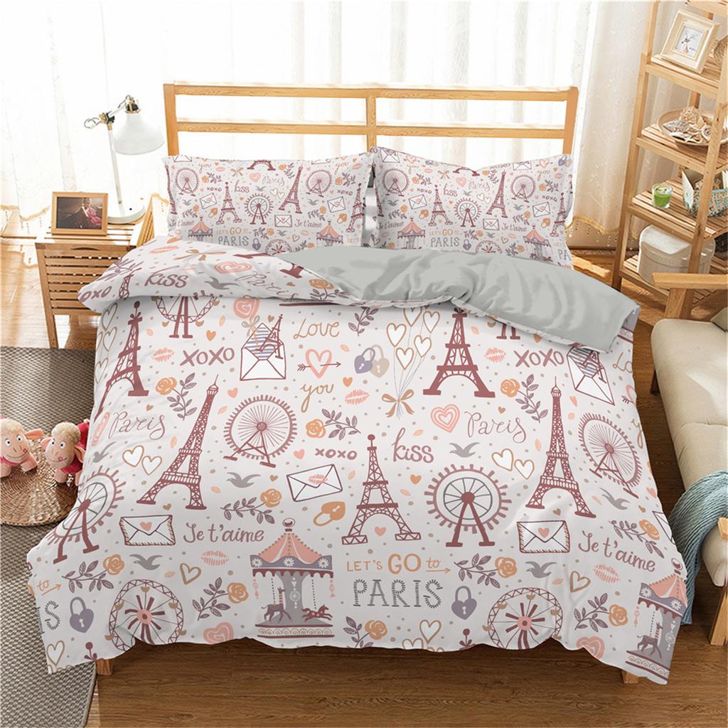 Eiffel Tower Duvet Cover Set King Paris Eiffel Tower Themed Bedding Set Polyester Cityscape Romantic Pink Love Heart Quilt Cover