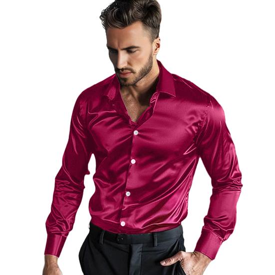 Men's Satin Glossy Shirt Solid Color Long Sleeve Smooth Dress Shirt Lapel