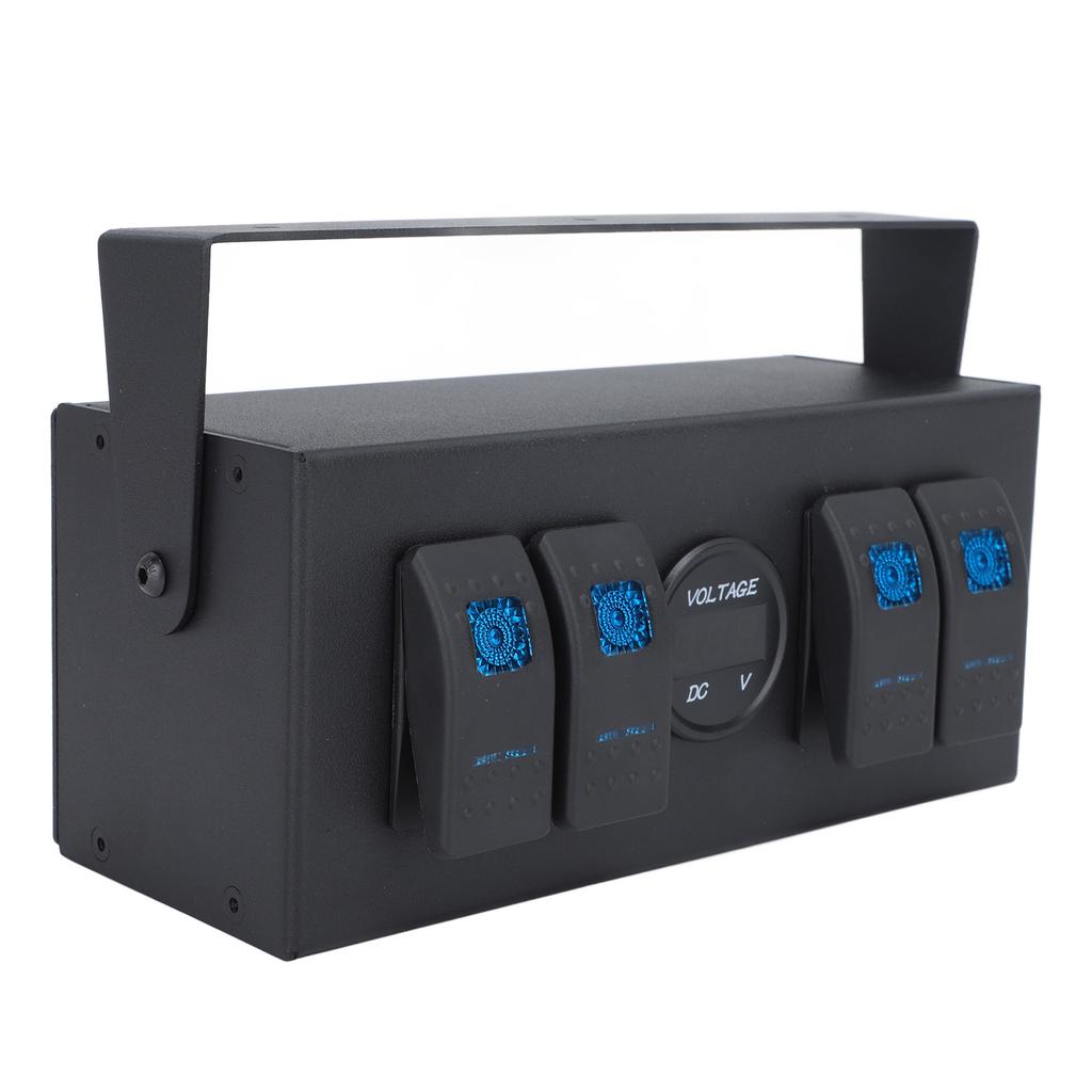 4 Gang Rocker Switch Box Waterproof On Off Switch Panel With Blue Light Voltage Display for Rv Boat Yacht