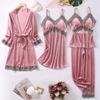 Suspender Nightgown Robe Four Piece Home Wear Autumn Winter New Velvet Women's Nightwear Lace Sexy Sleepwear Loose Loungewear