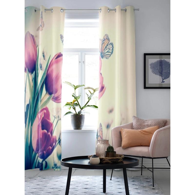 Bouquet Of Red Tulips And Butterfly Window Curtains For Living Room Kitchen Modern Curtains Home Decor Blinds Drapes