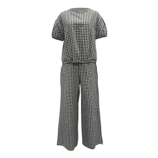 2 Pcs/Set Women Spring Top Pants Set Plaid Print Three-quarter Sleeves Round Neck Split Back T-shirt