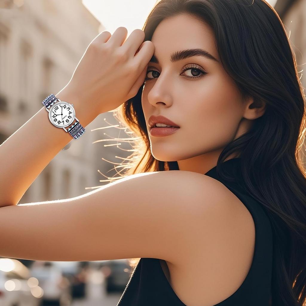 Bohemian Watch with Elastic Strap and Arabic Free Floral Waterproof Quartz Watch with Stretchable Stainless Steel Analog Colorful Ethnic Style Gift