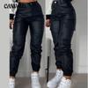 Autumn and Summer Women's Pant Biker Zip Pleated Pockets Fashion PU Casual Patch Pockets Tight Small Leg Trousers
