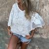 Women Tops Round Neck 3/4 Sleeves White Floral Lace Blouse Solid Color Loose Fit Casual Shirt Parties Clubs Summer Blouse