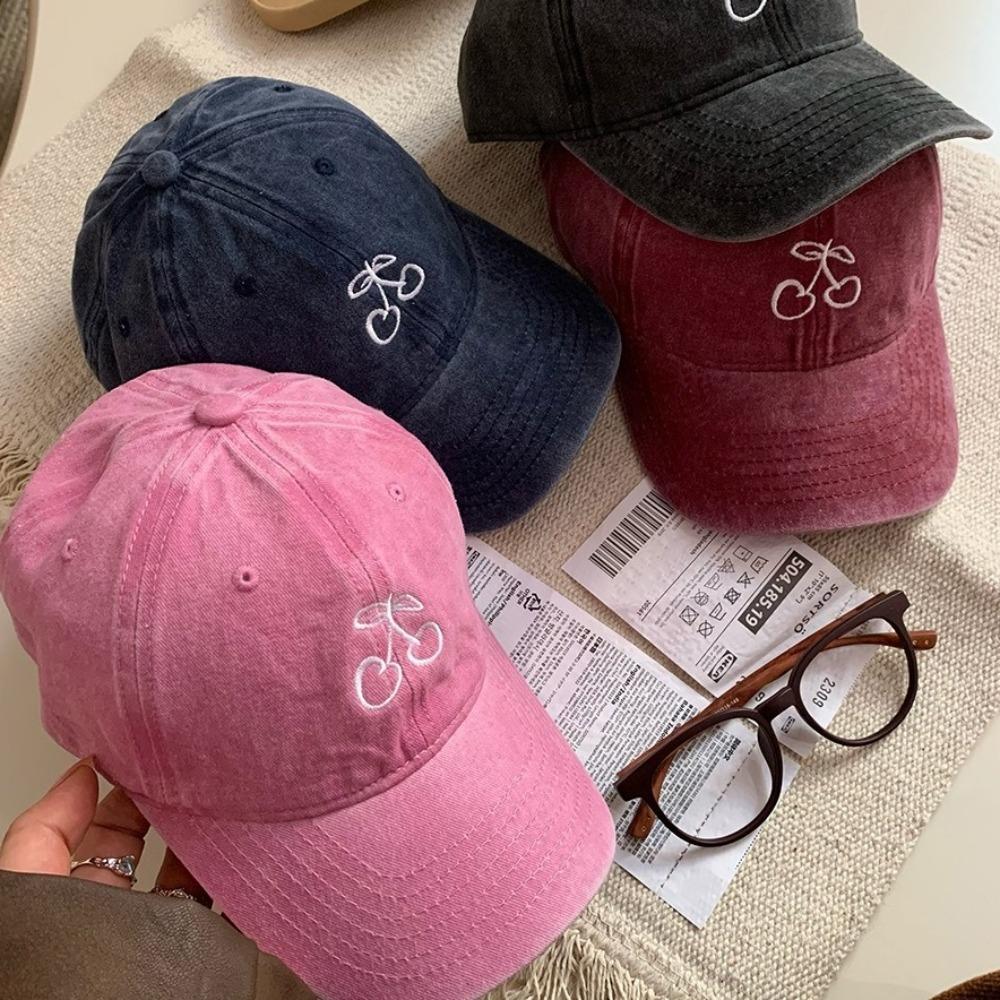Solid Color Peaked Cap Embroidered Sunscreen Sun Hat Retro Cherry Baseball Cap  Hiking