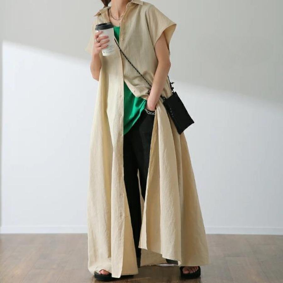 Single Breasted Short Sleeve Cotton Linen Shirt Dress Women's Loose Lapel Solid Casual Maxi Dresses