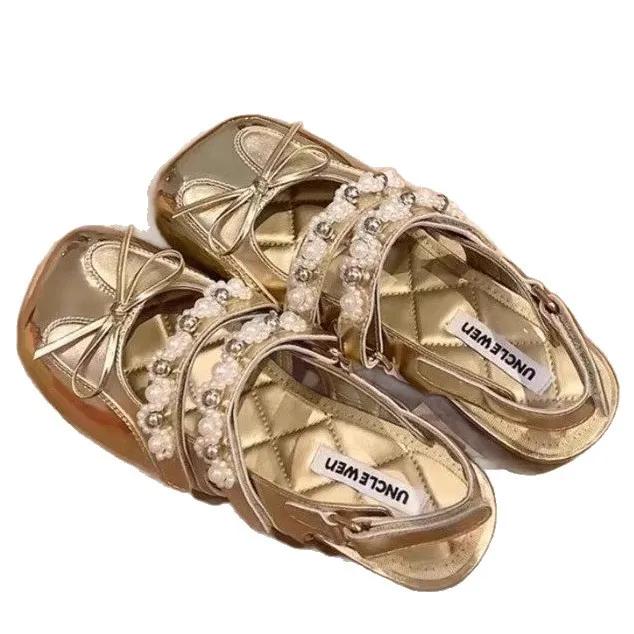 Fashion Summer New Women's Pearl Knot Sandals Flat Bottom Mary Janes Retro Style Rubber Sole Comfortable Slip-On Shoes for Dress