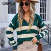 Autumn and Winter Women's Pullover Sweater Stripe Splicing PLOL Collar Large Size Sweater Knitwear