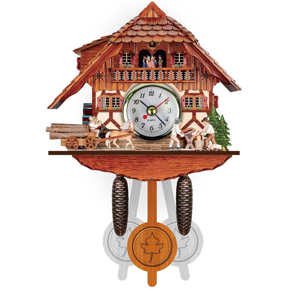New Clock Wall Wooden Wood Pendulum Vintage Clocks Cuckoo Kids Bird Hanging Retro 3D Chiming Decor Forest Silent Decorative Room