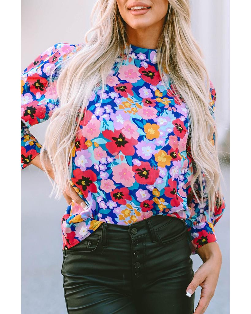 Azura Exchange Blue Mock Neck Bubble Sleeve Floral Print Blouse
