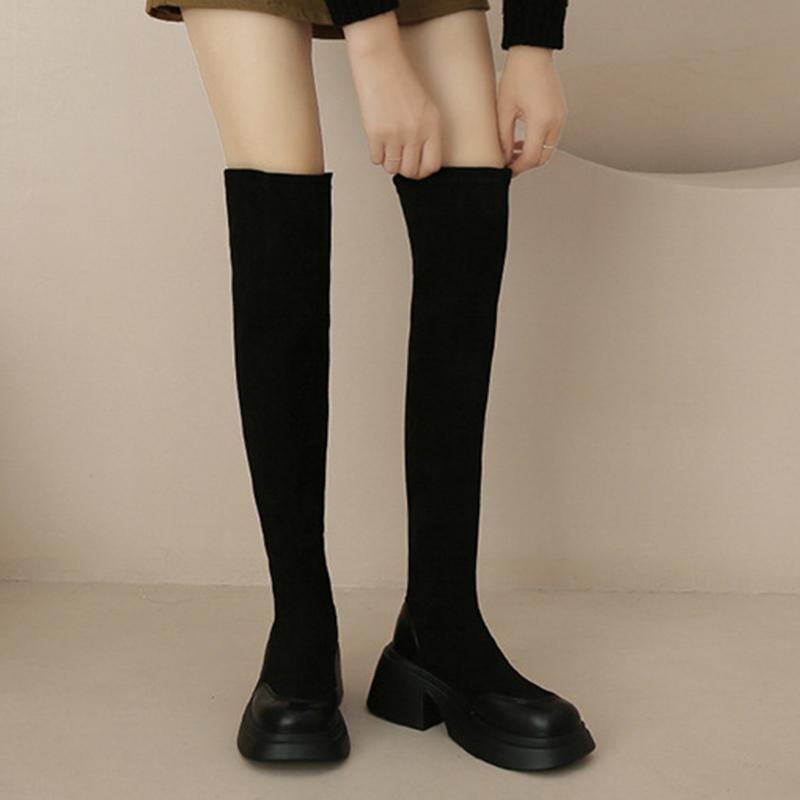 Women Long Sock Boots Autumn Winter Black Thick High Heel Round Head Elastic Stocking Boots Platform Slip On Casual Botines