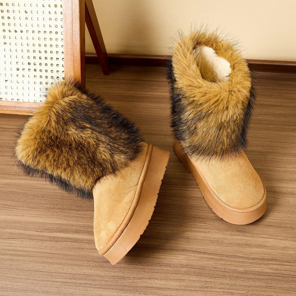 Autumn Winter Thick-soled Long-haired Cotton Slippers for Warmth, Mid-tube Snow Boots for Women