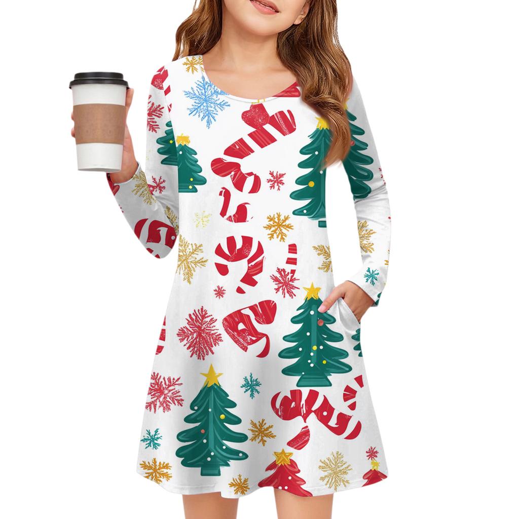 Christmas Day Girls' Long Sleeve Dress - Color Pocket Dress
