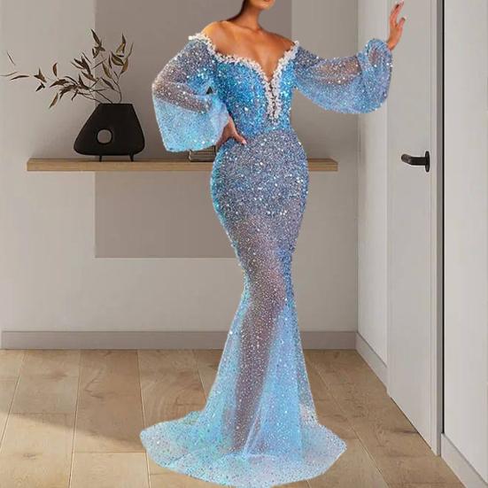 Women Elegant Gown Dress Off Shoulder V-neck Puff Long Sleeve Floor Length Dress Sequins Decor See-through Elegant Vintage Dress