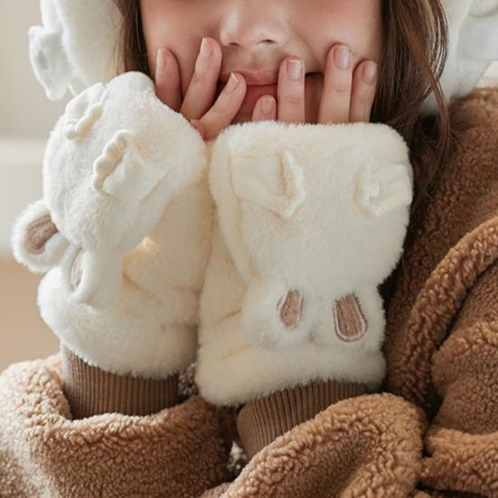 Women Winter Plush Gloves Thickened Warm Fuzzy Rabbit Mittens Girls Convertible Winter Fingerless Mittens for Cycling Outdoor Exercise