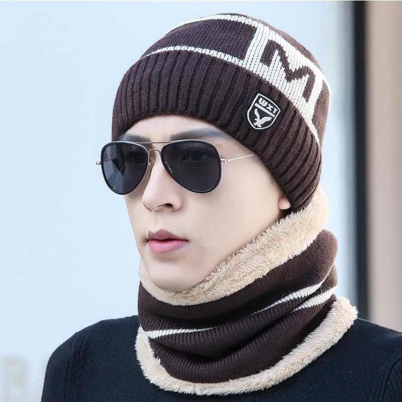 Cat Brother Trend M Letter Men's Hat Warm Thickened Knitted Hat Velvet Fashion Men's Hat Two-piece Set