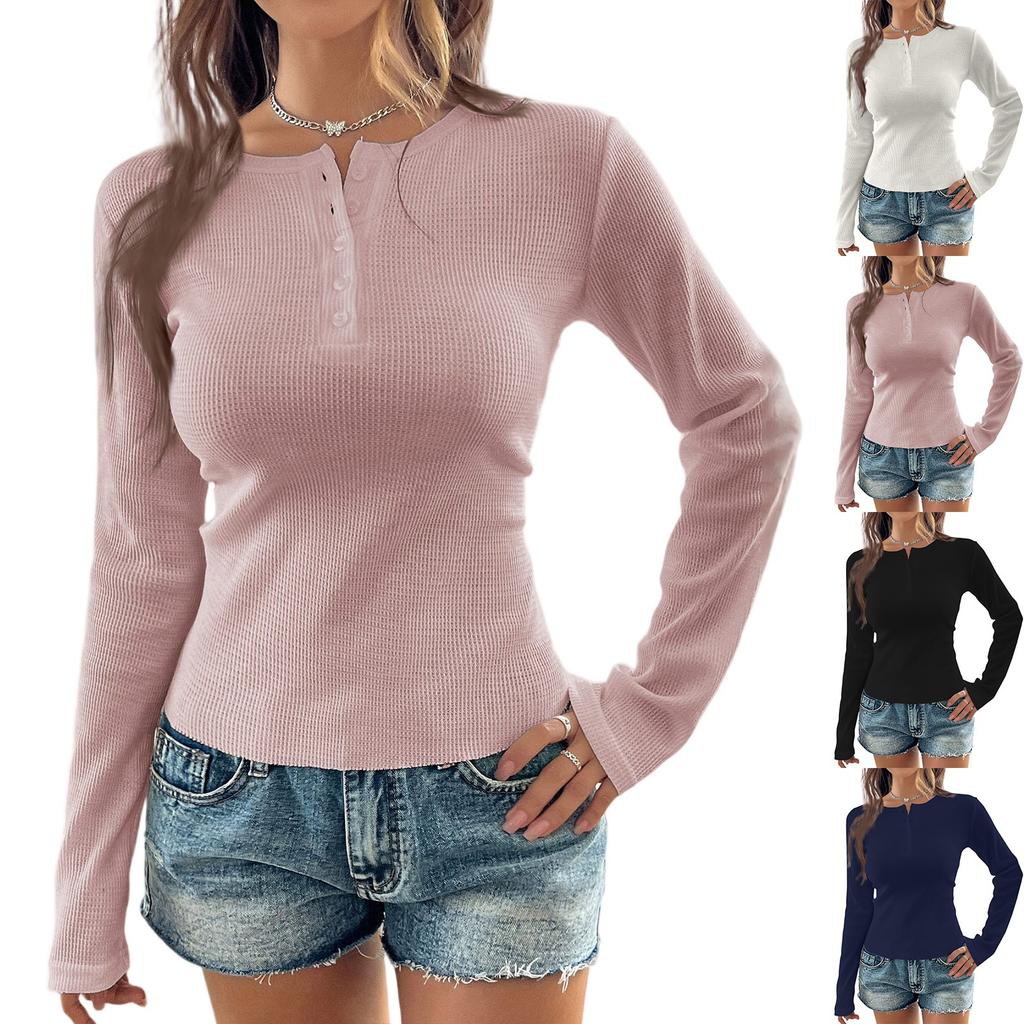 Women's Fashion Solid Color Round Neck Button Long Sleeve Top