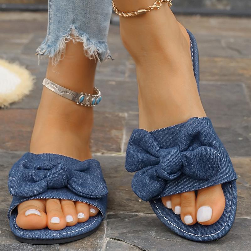Fashion Bowtie Decor Denim Flat Slippers for Women 2025 Summer Comfort Light Beach Shoes Woman Plus Size Soft Sole Non Slip Casual Shoes