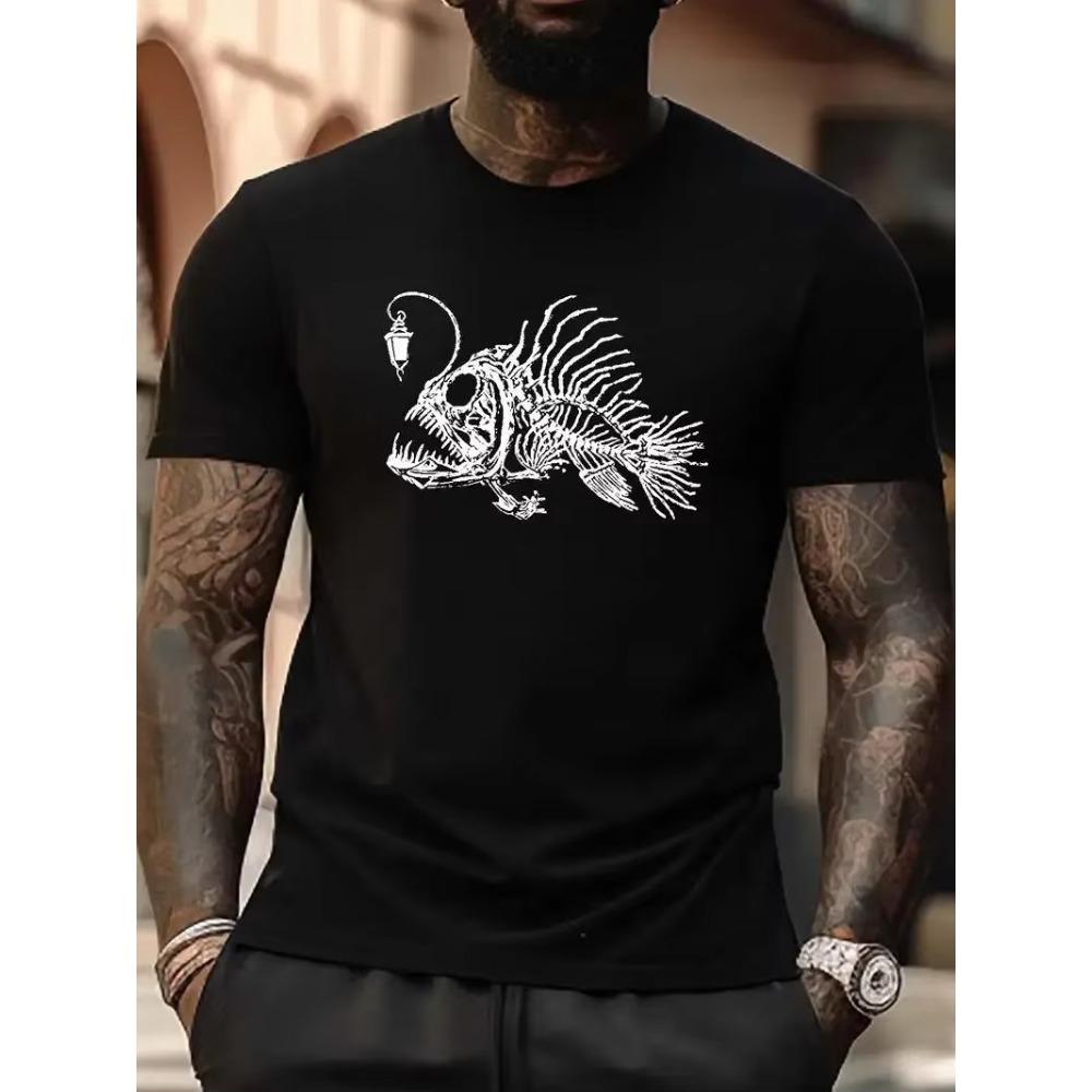 Men's Bold Fish Bone Graphic T-Shirt - Crew Neck, Comfort Fit, Perfect for Summer Activities & Workouts