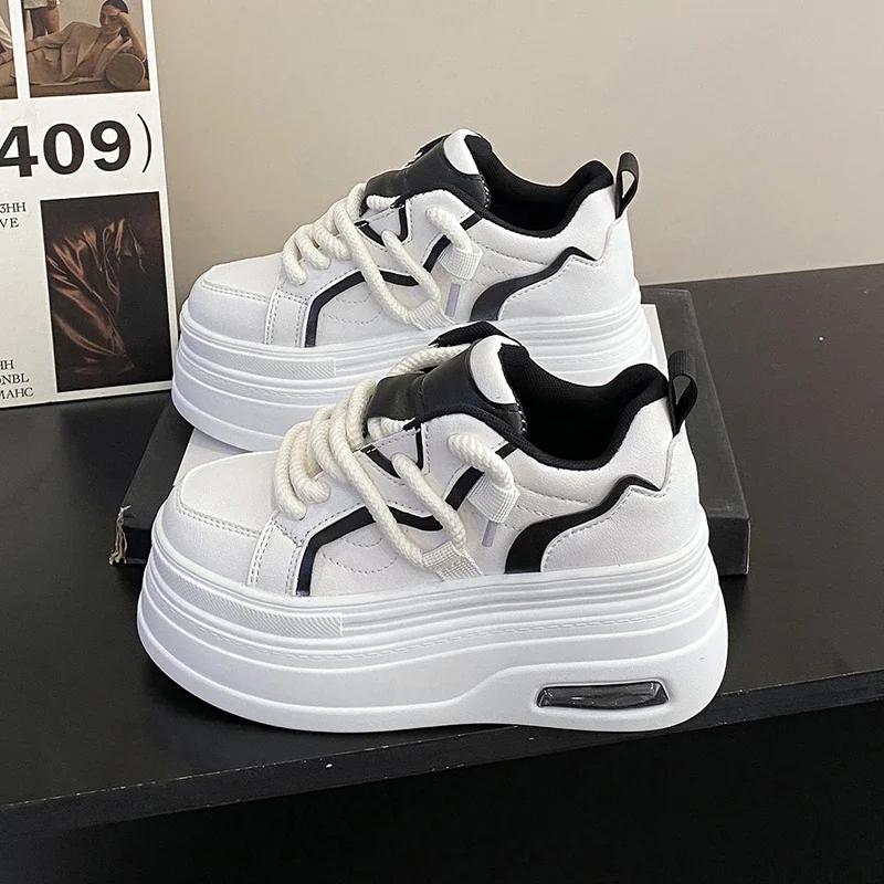 Tide Platform Sneakers Women Spring Autumn Round Toe Lace-up Comfort 8CM Thick Bottom Sport Shoe Black White Casual Shoe