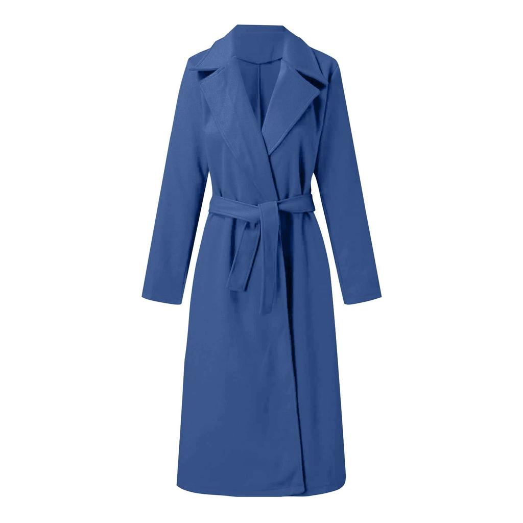 Women's Casual Fashion Solid Color Long-sleeved V-neck Tie Long Woolen Coat