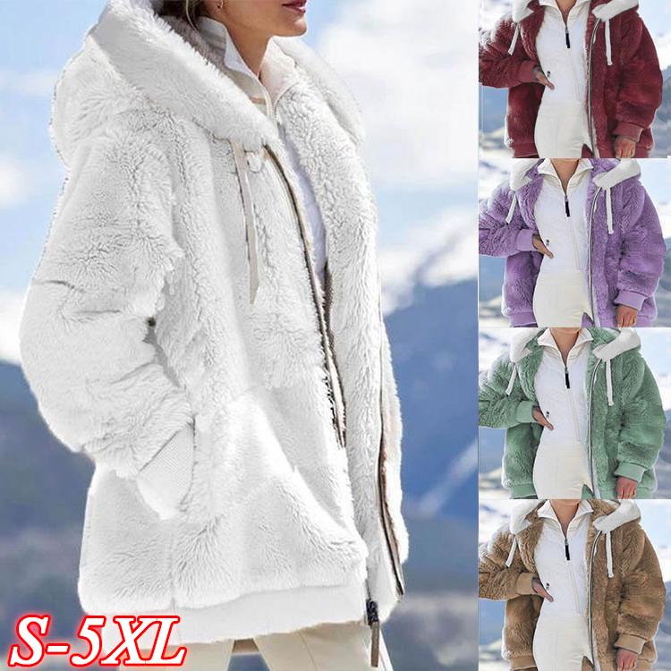 Women's Warm Loose Hooded Jacket Winter Women Long-Sleeved Color Block Zipper Fluff Hooded Warm Coat Jacket