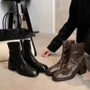 Grape Mom Korean Sister~ Autumn and Winter New Square Head Washed Horse Skin Skinny Short Boots Coarse Heel Martin Boots Women