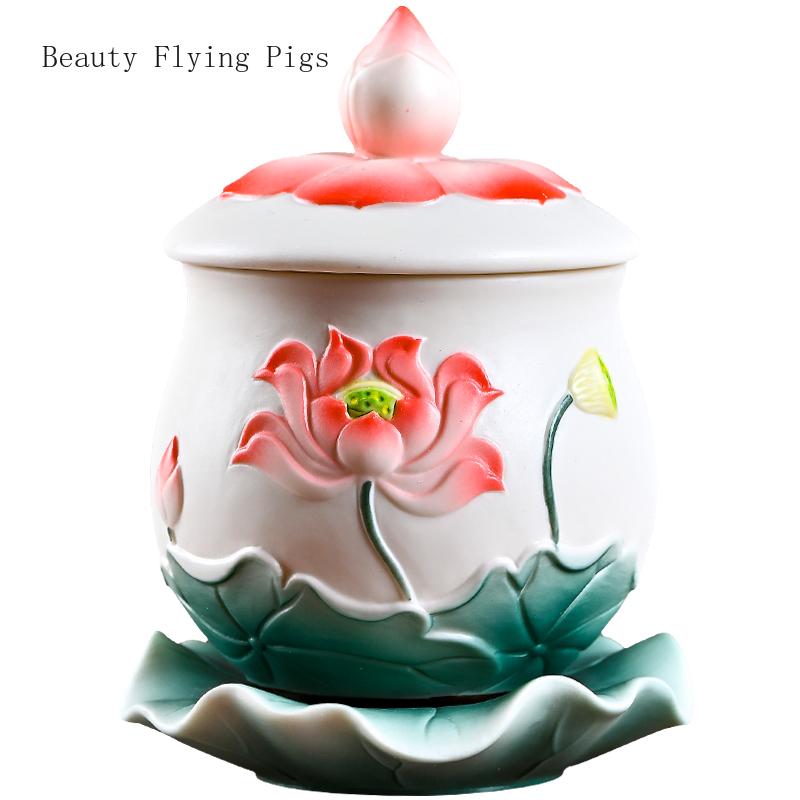 Creative Ceramic Relief Lotus Holy Water Cup Buddha In Front of Guanyin Buddha Set for Buddha Cup Decoration Feng Shui