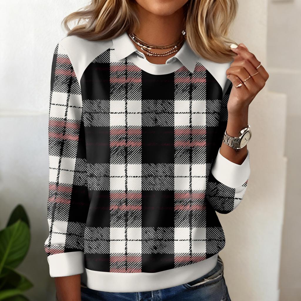 Ladies' Plaid Printed Casual Long Sleeved Sweatshirt Top